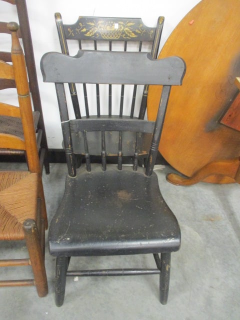 Black Painted Wood Plank Chair & Spindle Back Chair: .