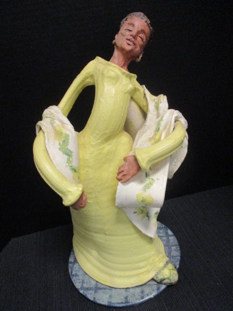 Handcrafted Clay Figurine Woman w/Yellow Dress & Shawl: 19"