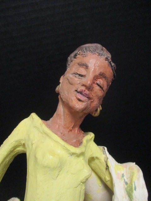 Handcrafted Clay Figurine Woman w/Yellow Dress & Shawl - 2