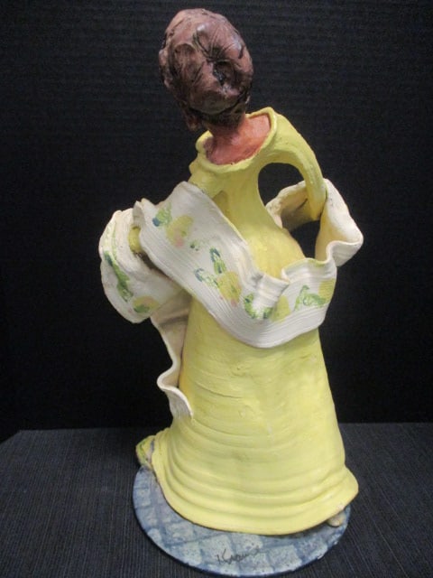 Handcrafted Clay Figurine Woman w/Yellow Dress & Shawl - 6