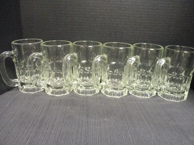 Beer Stein Clear Glass Heavy Mugs (Lot of 6): .