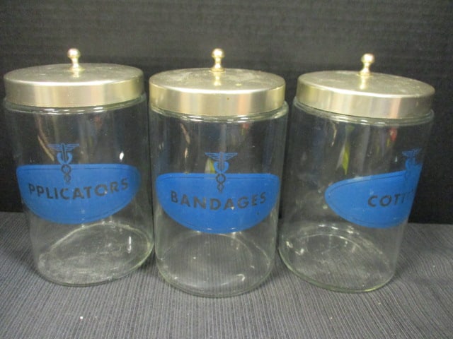Grafco Medical Sundry Jars w/Metal Lids (Lot of 3): see pictures (Applicators Jar is cracked on bottom)