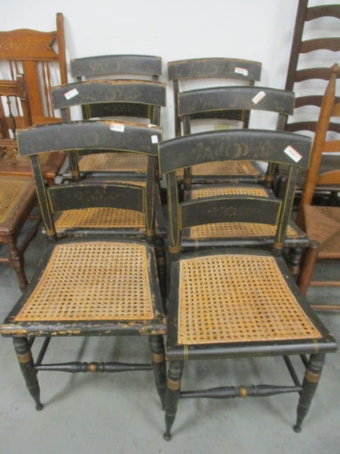 Cane Seat Black Painted & Gold Stenciled Side Chairs (Lot of 6): .