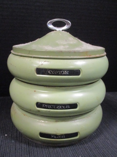 Rare Avocado Green Metal Stacking Canister Set: Candy, Pretzels, Nuts