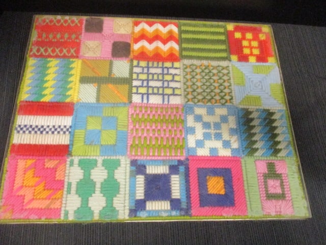 Geometric Patchwork Sampler in Acrylic Frame: 15 x 12