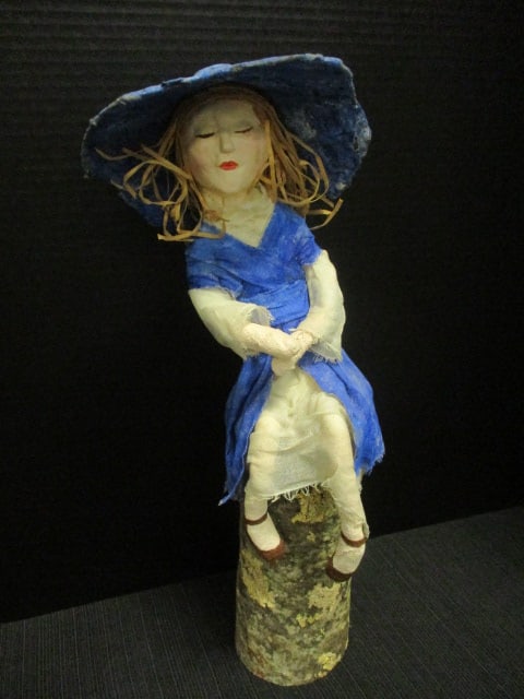Folk Art Handcrafted Cloth Doll Sitting on Rustic Wood Log: 17"