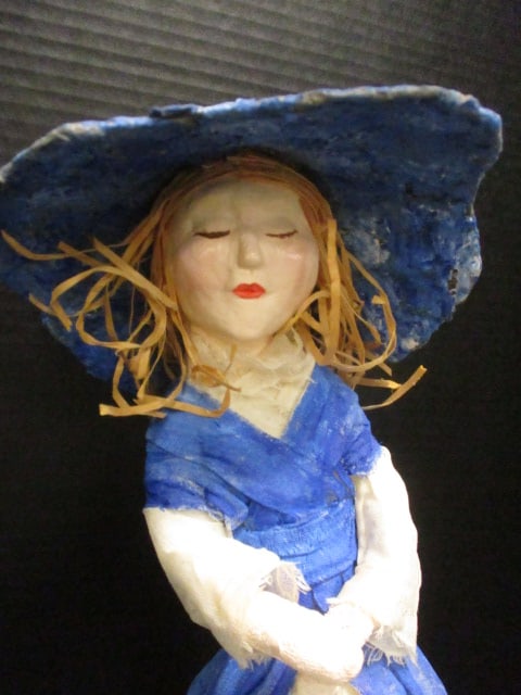 Folk Art Handcrafted Cloth Doll Sitting on Rustic Wood Log - 2