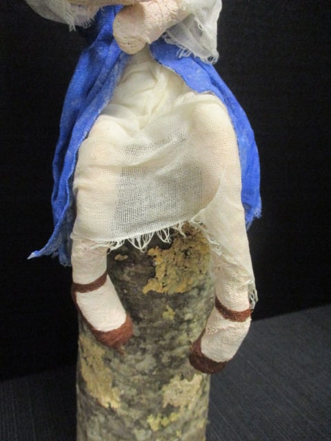 Folk Art Handcrafted Cloth Doll Sitting on Rustic Wood Log - 3