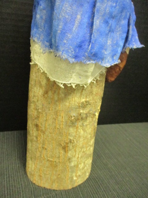 Folk Art Handcrafted Cloth Doll Sitting on Rustic Wood Log - 6