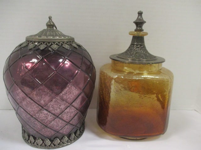 Purple Mosaic Glass Lantern & Crackle Glass Canister (Lot of 2): .