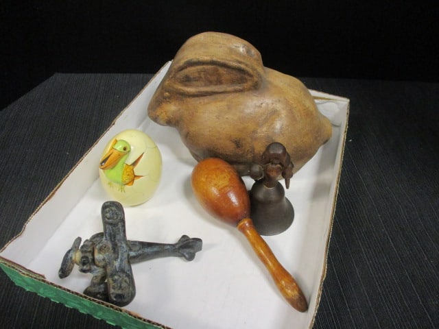 Wood Carved Bell, Rabbit Sculpture, Cast Iron Plane, etc.: see pictures