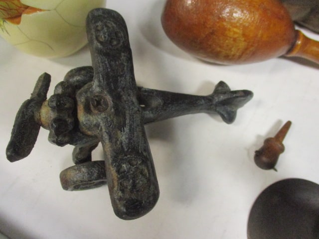Wood Carved Bell, Rabbit Sculpture, Cast Iron Plane, etc. - 5