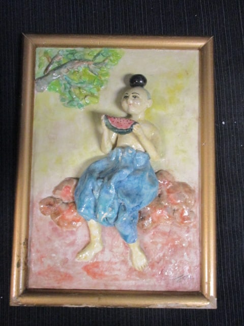 Signed/Framed 3D Artwork (Oriental Boy eating watermelon) (1 of 4)