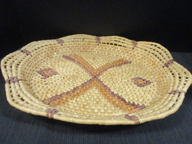 Handwoven Shallow Basket w/Geometric Cross Pattern: 16 x 14
