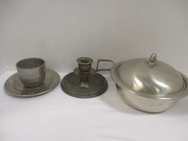 Pewter Lidded Serving Bowl, Pewter Cup, Candleholder, Plate: .