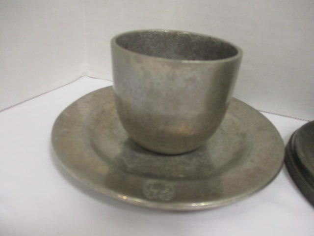 Pewter Lidded Serving Bowl, Pewter Cup, Candleholder, Plate - 2