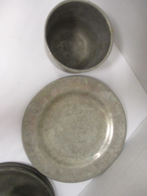 Pewter Lidded Serving Bowl, Pewter Cup, Candleholder, Plate - 3