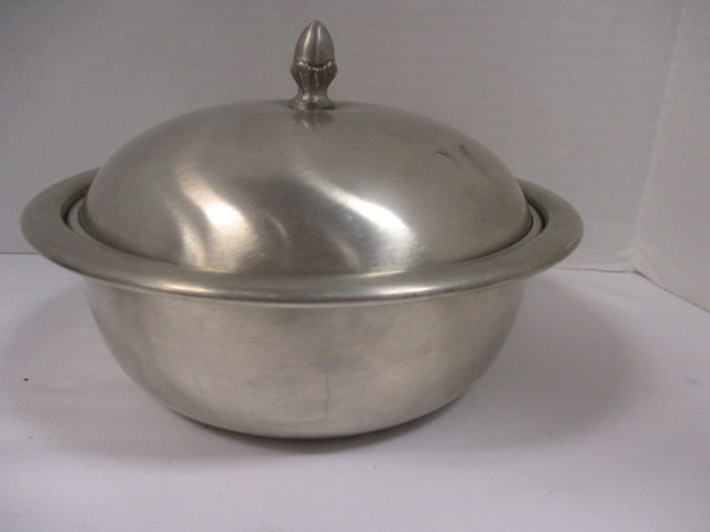 Pewter Lidded Serving Bowl, Pewter Cup, Candleholder, Plate - 8