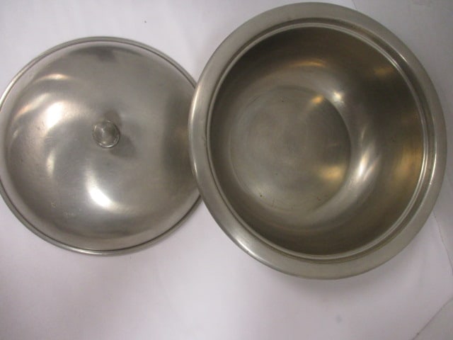 Pewter Lidded Serving Bowl, Pewter Cup, Candleholder, Plate - 9
