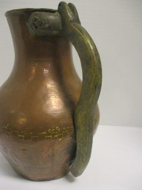 Hand hammered Copper Pitcher w/Brass Handle & Bulbous Body - 2