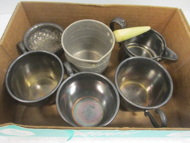 Peerless Silver Co. (Lot of 3) Pewter Mugs, Barbour Bros. Bowl,: Pewter Creamer, Vtg. Aluminum Measuring Cup