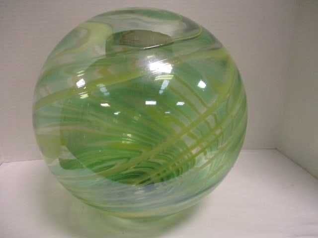 Hand Blown Green & Yellow Swirl Art Glass Sphere: 12"
