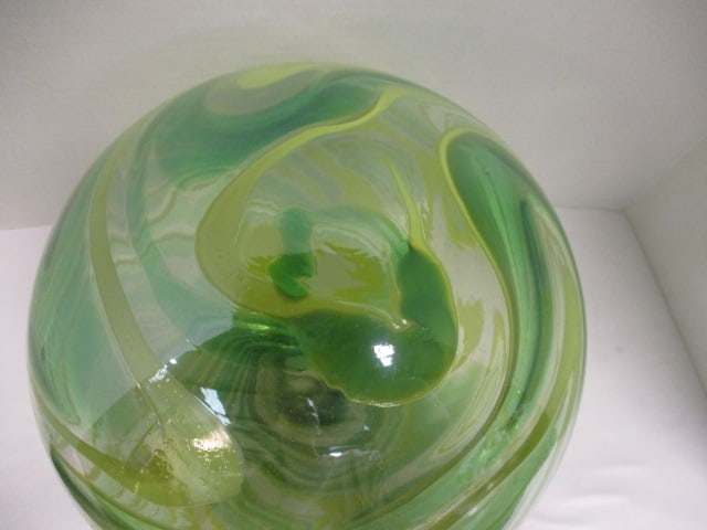 Hand Blown Green & Yellow Swirl Art Glass Sphere - 2
