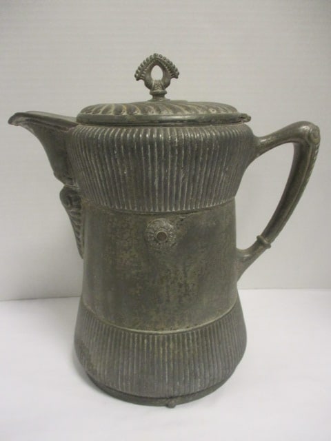 Antique Hard White Metal Lidded Water Pitcher w/enamel Innards: 12"