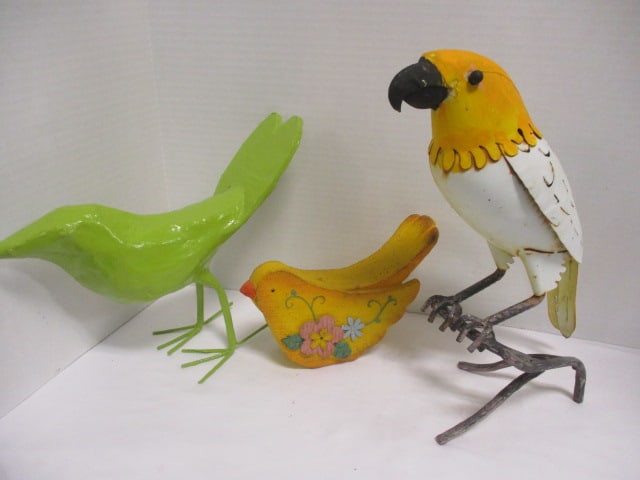 Birds-Paper Mache Green Bird (12"L x 9"H), Folk Art Bird (8 L x 6 H),: Metal White & Yellow Parrot Perched on Metal Branch (13")