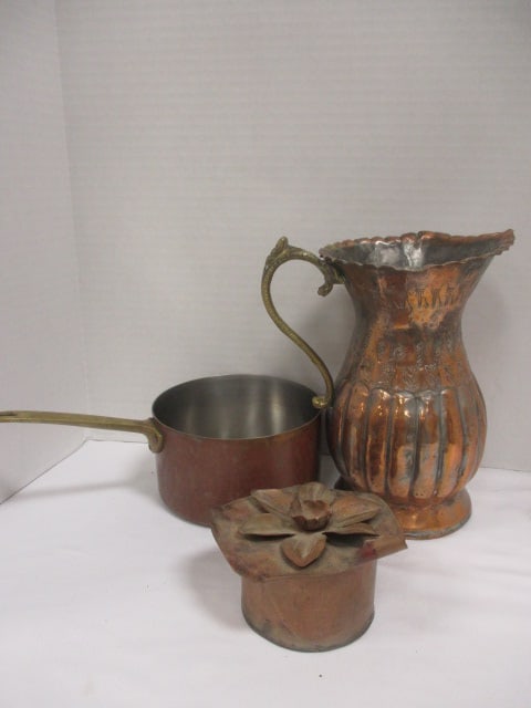 Copper & Brass 8" Hammered Pitcher, Copper/Brass Saucepan, (1 of 9)
