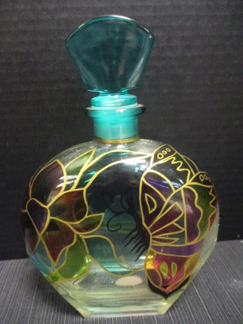 Dalla Finesta Decorative Hand Painted Perfume Bottle w/Teal Stopper: Butterfly & Floral Motif 9"