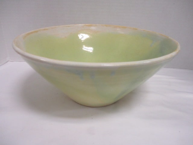 Signed (Jan 2003) Pottery Bowl w/Dark Green Crystalline Bottom: 11" Diam x 5" Deep