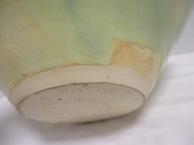 Signed (Jan 2003) Pottery Bowl w/Dark Green Crystalline Bottom - 4