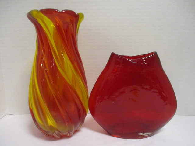 Mid Century Blown Art 10" Vase & Mid Century Ruby Red Vase 7": .