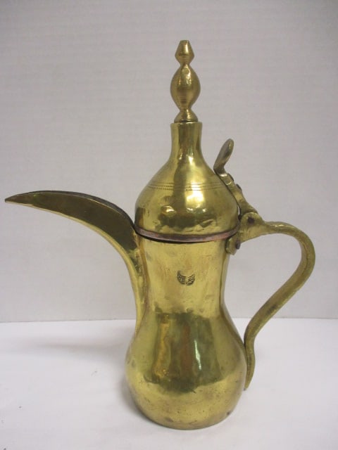 Antique Brass Dallah Coffee Pot: 10"