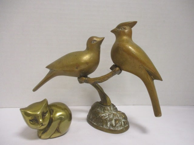 Solid Brass Bird Figurines on Tree Branch (8"W x 7" H) &: Mid Century Solid Brass Cat Figurine (3" W x 2 1/4" H)