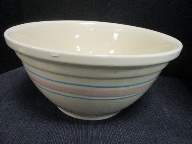 McCoy? Pink & Blue Stripe Pottery Bowl: 14" Diam x 7" Deep