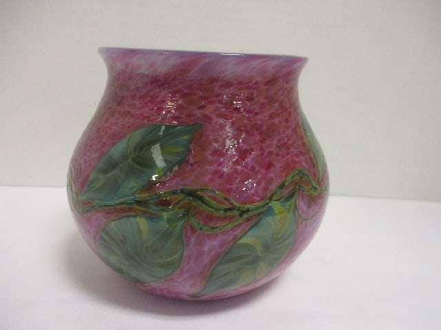 Handcrafted Art Glass Vase w/Leaf & Vine Motif (Possibly Lotton?): 5"