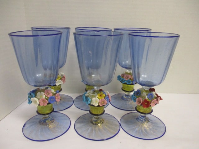 Artisan Blue Glass Goblets w/Glass Flowers on Stem: 7"