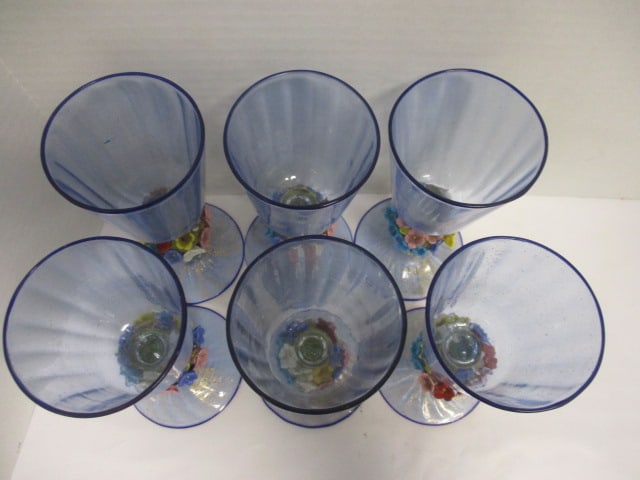Artisan Blue Glass Goblets w/Glass Flowers on Stem - 2