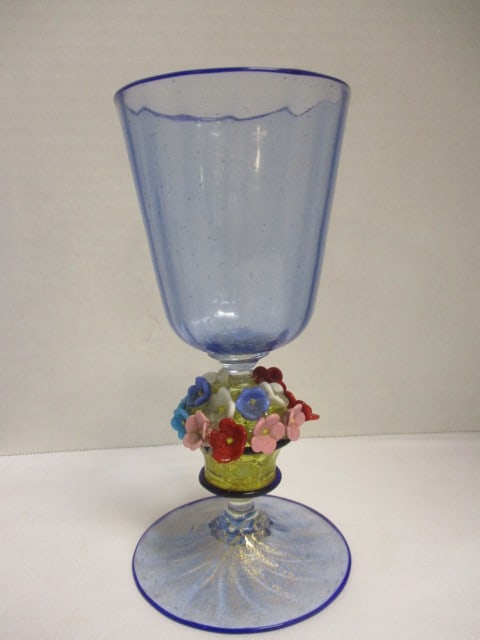 Artisan Blue Glass Goblets w/Glass Flowers on Stem - 3