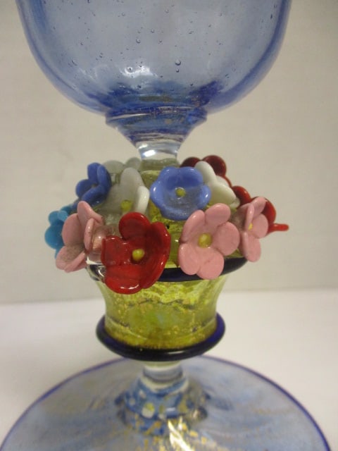 Artisan Blue Glass Goblets w/Glass Flowers on Stem - 4