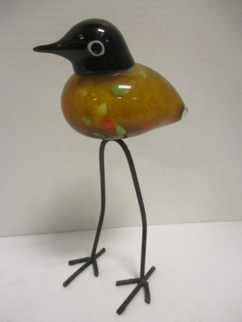 Hand Blown Art Glass Bird Figurine w/Wire Legs: 10"