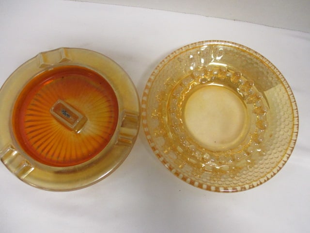 Hazel Atlas Marigold Carnival Glass Ashtray w/matchbook holder & - 2