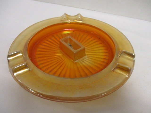 Hazel Atlas Marigold Carnival Glass Ashtray w/matchbook holder & - 5