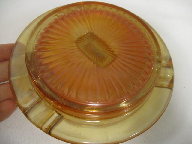 Hazel Atlas Marigold Carnival Glass Ashtray w/matchbook holder & - 7