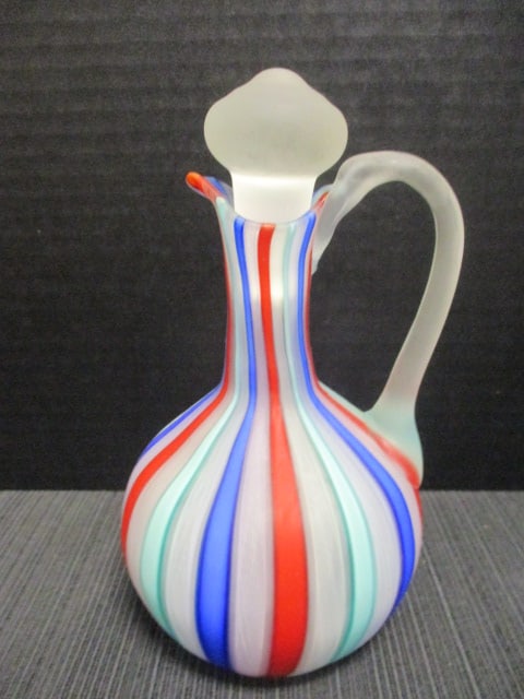 Italian Satin Finish Art Glass Cruet w/Rainbow Latticino Stripes: 7"