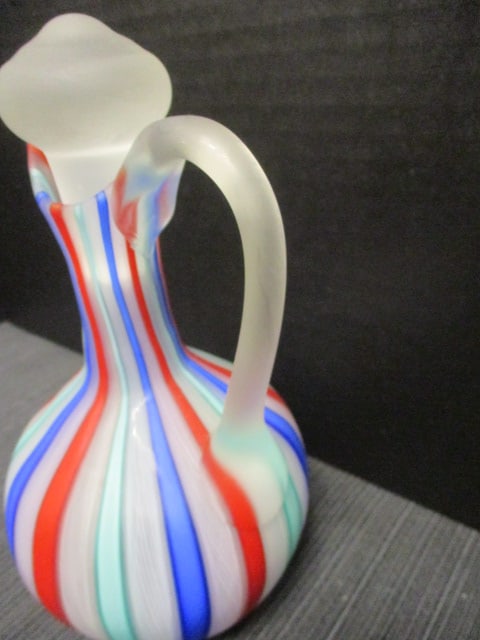 Italian Satin Finish Art Glass Cruet w/Rainbow Latticino Stripes - 2