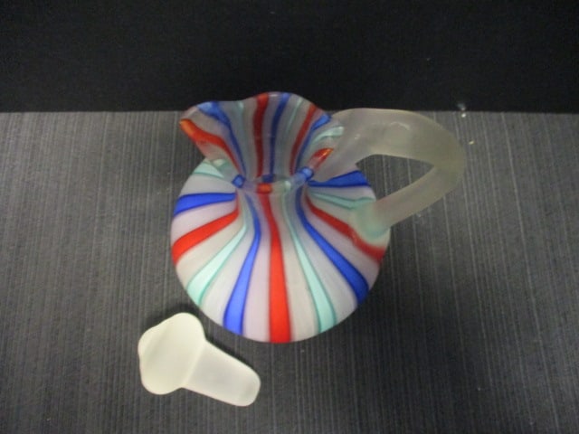 Italian Satin Finish Art Glass Cruet w/Rainbow Latticino Stripes - 3