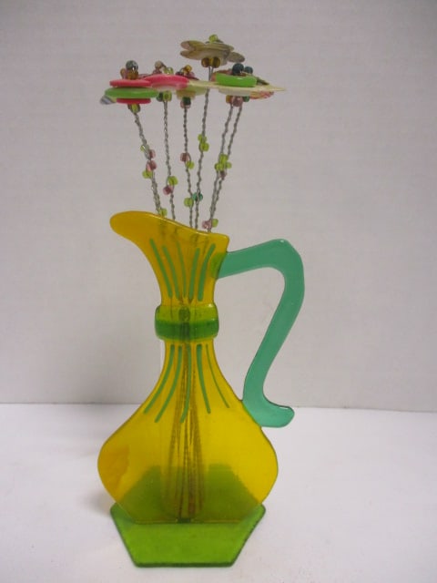 Yellow & Green Pitcher Style Vase w/Butterfly Flowers: 9"